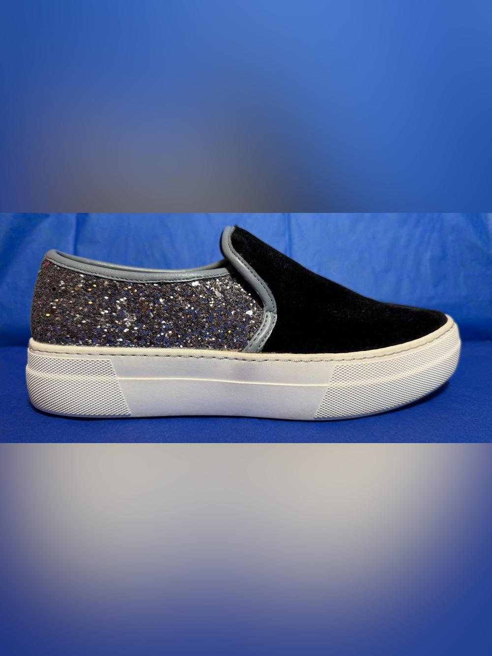 Aldo Capucius Black Velvet & Silver Glitter Slip-On Sneakers size 7.5